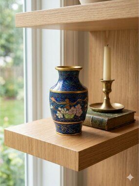 Vintage Floral Cloisonné Bud Vase - Cobalt Blue & Gold Gilt - 4"